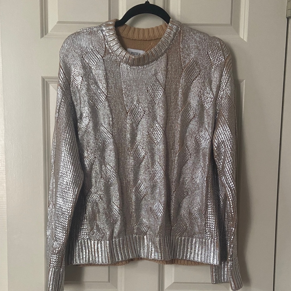 PISTOLA Everly Metallic Foil Cable Knit Sweater XS Silver Tan